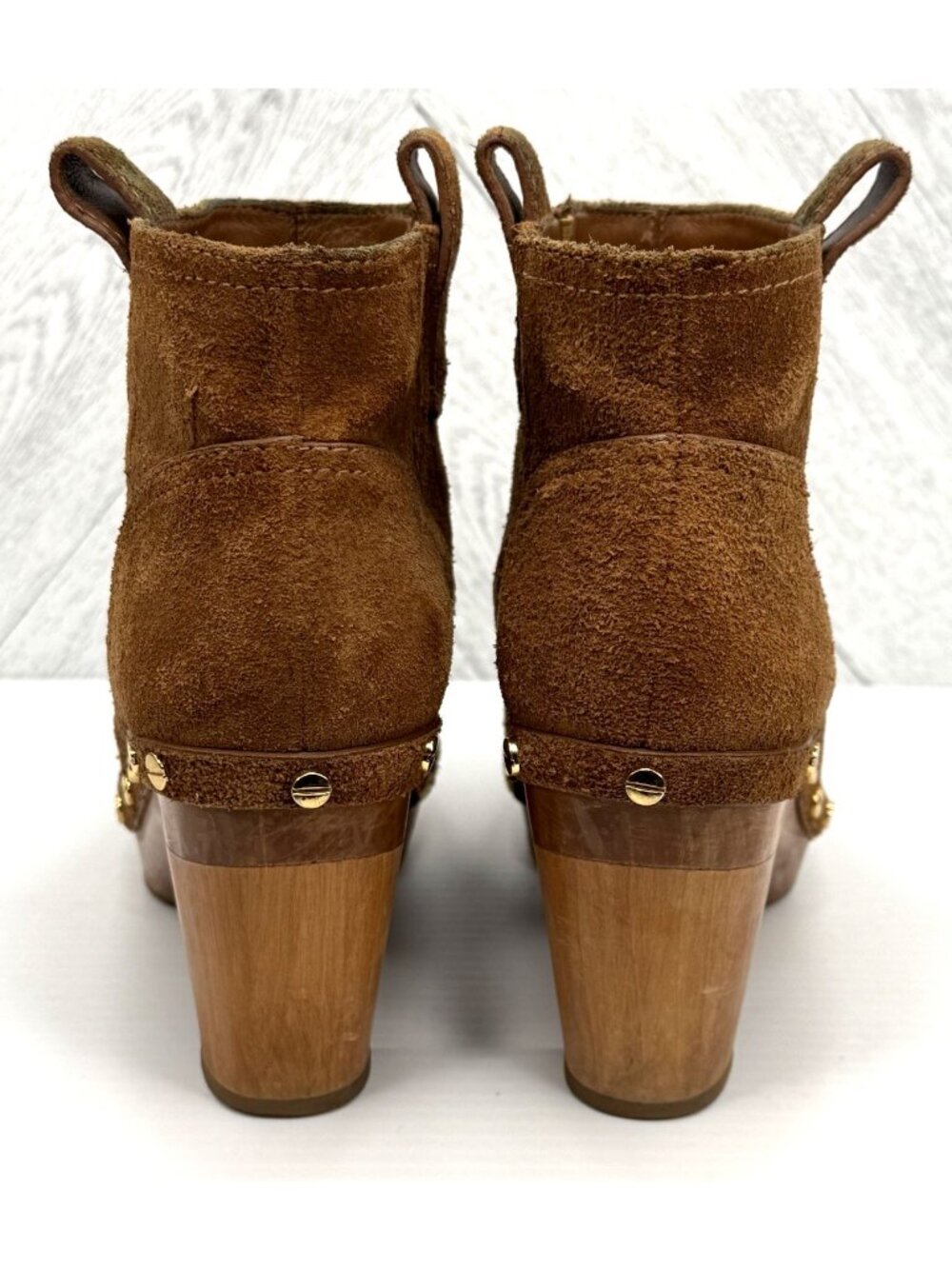 Tory Burch Ginevra Ankle Boots Womens 7 Brown Suede Wooden Clog Studded Platform - Picture 5 of 14